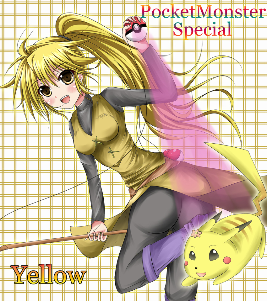 ass blonde_hair blush boots breasts brown_eyes character_name china_dress chinese_clothes chuchu_(pokemon) dress duel_angel female fishing_rod long_hair looking_at_viewer nintendo open_mouth pants pikachu poke_ball pokemon pokemon_(game) pokemon_rgby pokemon_special ponytail smile yellow_(pokemon)