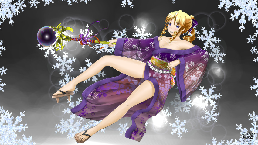 alternate_costume artist_name bare_shoulders blonde_hair breasts calliope_(sennen_sensou_aigis) cleavage commentary dated drill_hair drill_sidelocks female floral_print full_body geta grey_background hair_bun highres holding holding_staff japanese_clothes kimono legs long_hair maikeruexe medium_breasts obi purple_kimono sash sennen_sensou_aigis sidelocks single_hair_bun snowflakes solo staff