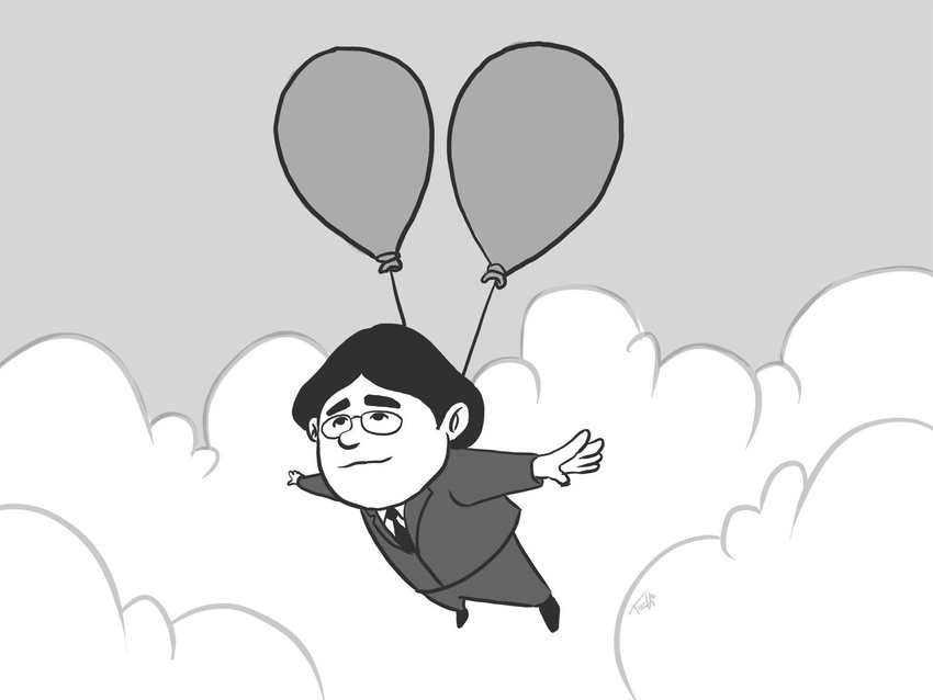 1boy artist_request balloon balloon_fight closed_mouth cloud commentary english_commentary formal glasses greyscale highres iwata_satoru light_smile male_focus monochrome necktie outstretched_arms pants real_life shoes short_hair sky solo spread_arms suit thick_eyebrows