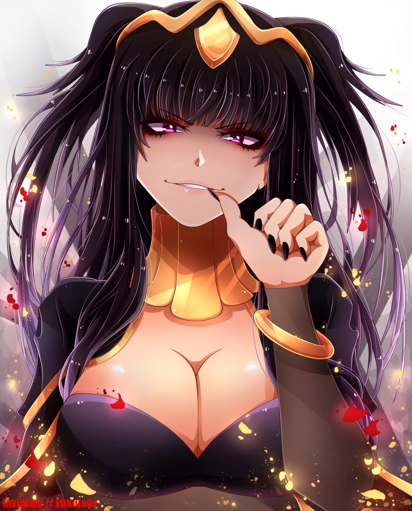 absurdres alternate_breast_size biting black_cape black_hair black_nails bodystocking bracelet breasts cape cleavage collar commentary_request female fingernails fire_emblem fire_emblem_awakening fire_emblem_heroes head_tilt highres invidiata jewelry large_breasts long_fingernails long_hair looking_at_viewer nail_biting nail_polish purple_eyes solo tharja_(fire_emblem) tiara two_side_up