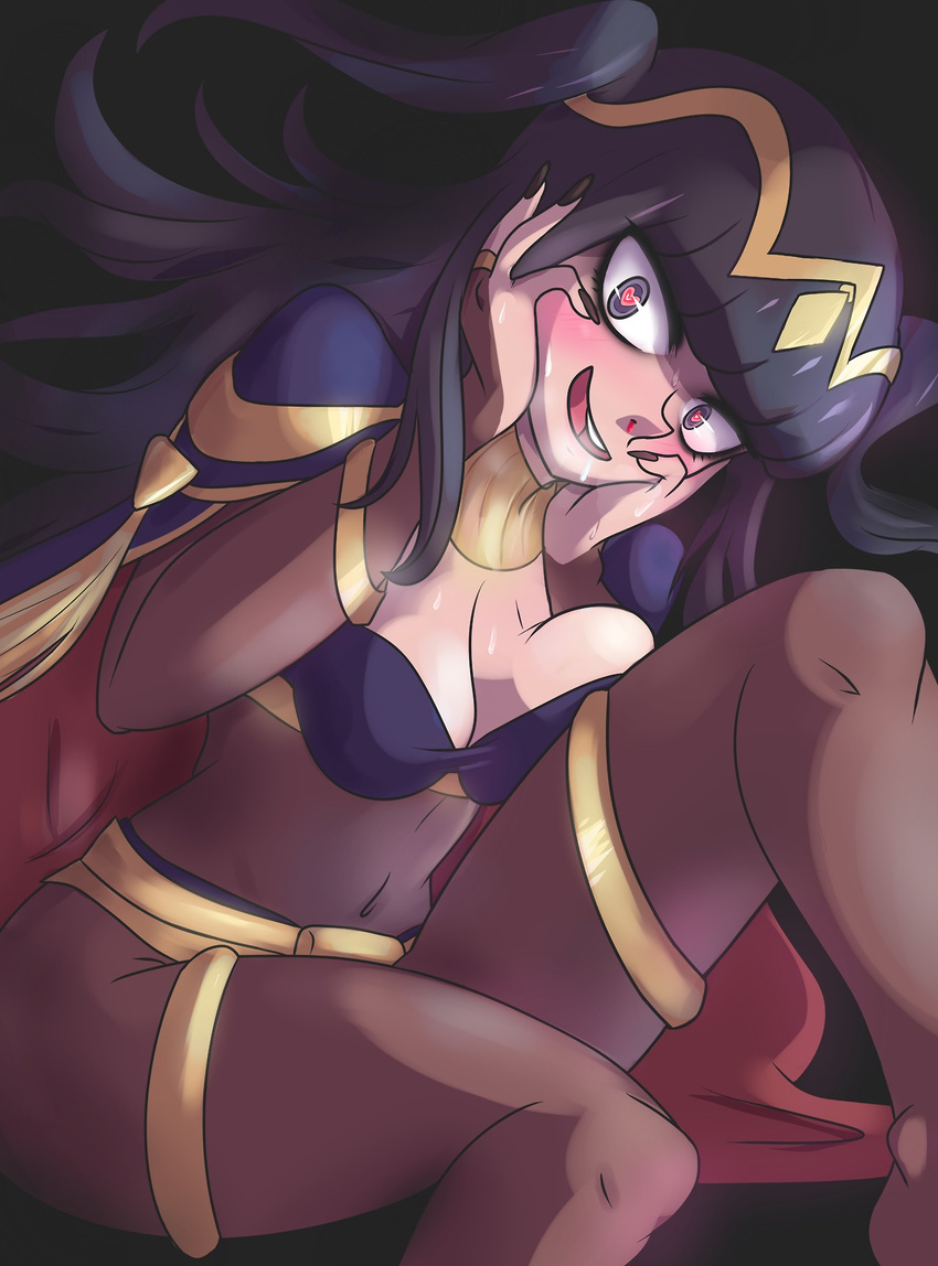 black_hair blood blue_eyes blush bodysuit breasts cape cheeralism eyeliner female fire_emblem fire_emblem:_kakusei hands_on_own_face heart heart-shaped_pupils highres jewelry long_hair lots_of_jewelry makeup nintendo nosebleed sarja shoulder_pads solo symbol-shaped_pupils tharja tiara two_side_up yandere