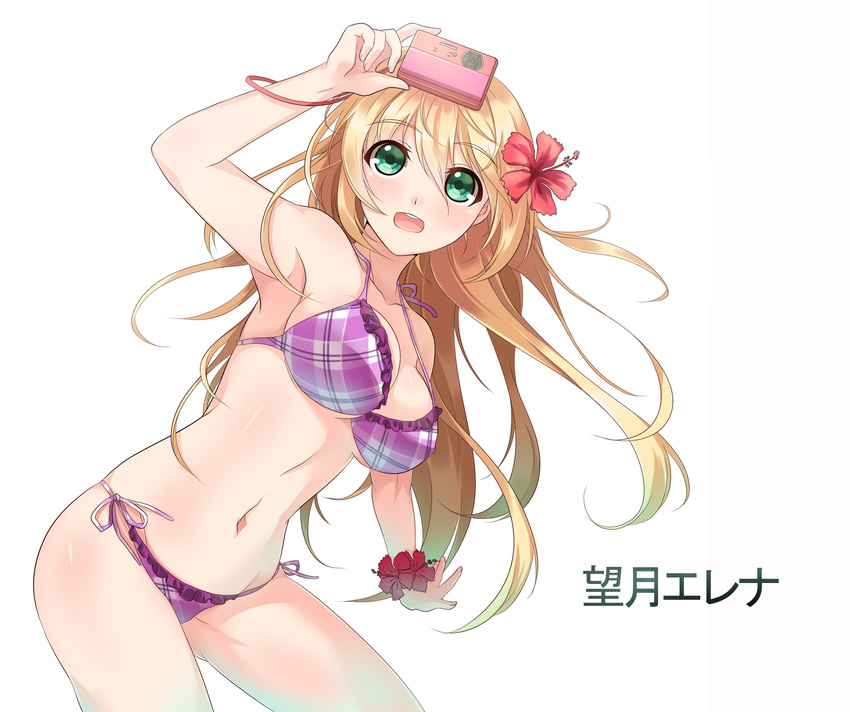 bikini blonde_hair blush body_blush breasts camera character_name commentary_request cowboy_shot female flower flower_bracelet frilled_bikini frills girlfriend_(kari) green_eyes hair_flower hair_ornament hibiscus highres kittika_thaworn lanyard large_breasts long_hair mochizuki_erena navel open_mouth photoshop_(medium) pink_bikini plaid plaid_bikini shiny_skin side-tie_bikini_bottom simple_background skindentation smile solo strap_gap swimsuit translation_request white_background