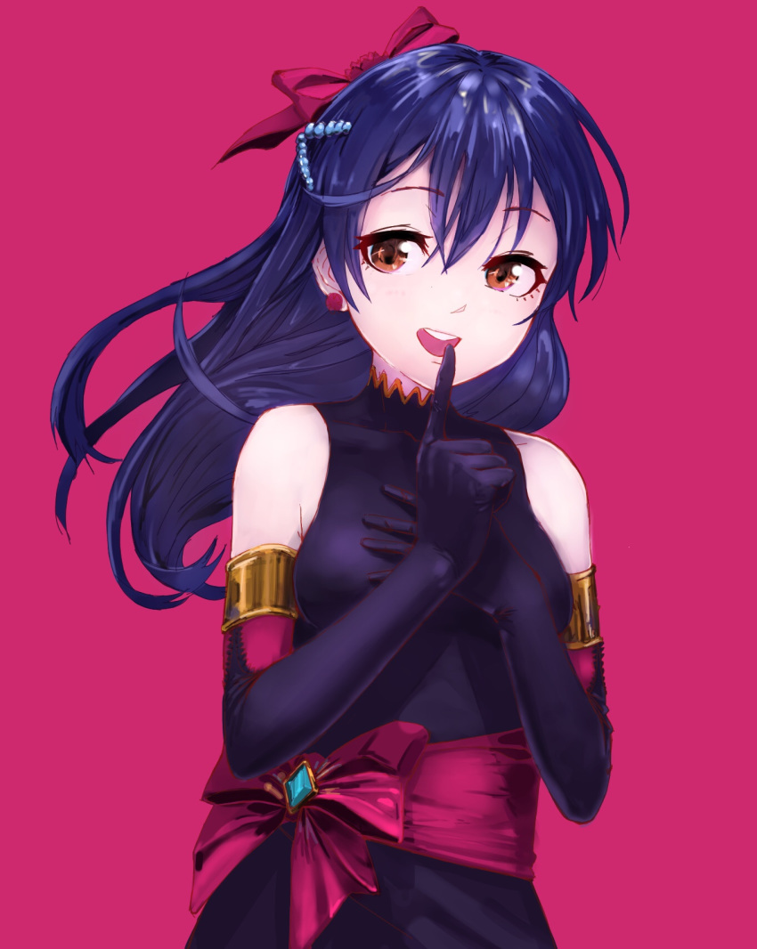 bare_shoulders black_dress black_gloves blue_hair commentary_request dress earrings elbow_gloves female finger_to_mouth ghode_(basashi) gloves hair_between_eyes hair_ornament hair_ribbon hand_on_own_chest highres jewelry long_hair looking_at_viewer love_live! love_live!_school_idol_project open_mouth ribbon simple_background smile soldier_game solo sonoda_umi upper_body yellow_eyes