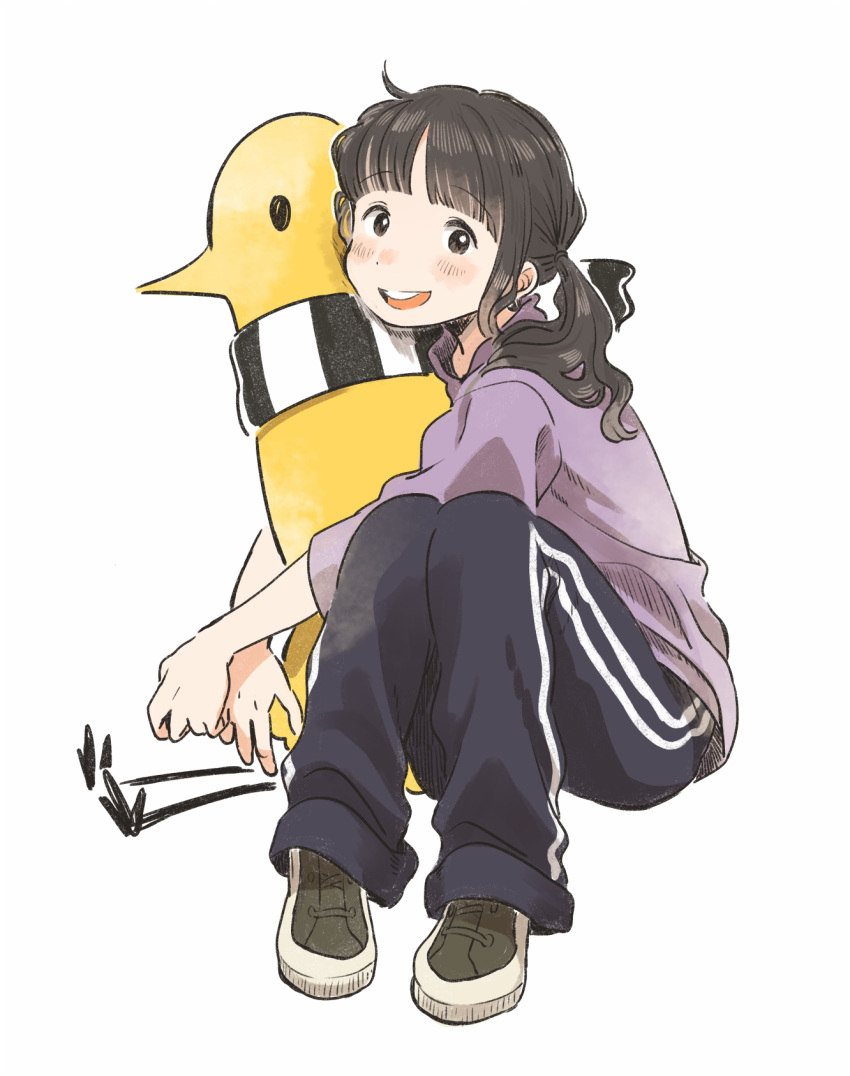 :d @zuki ahoge bird black_hair black_pants blush chick commentary female full_body highres hugging_object kana_(okitasougo222) knees_up long_sleeves looking_at_viewer onodera_punpun open_mouth oyasumi_punpun pants purple_shirt real_life scarf shirt shoes sidelocks simple_background sitting smile sneakers solo striped_clothes striped_scarf track_pants twintails white_background