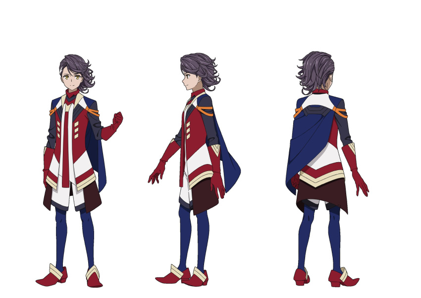 1boy asymmetrical_clothes black_jacket blue_cape blue_legwear boots cape clenched_hand clenched_hands egao_no_daika from_behind from_side full_body gloves grey_hair hair_ornament_request hand_up highres jacket kneepits leggings looking_at_viewer lune_vanquish male_focus multiple_views nakamura_naoto official_art open_hand open_hands print_gloves print_jacket profile red_footwear red_gloves red_jacket reference_sheet shirt shorts simple_background smile uniform white_background white_jacket white_shirt white_shorts