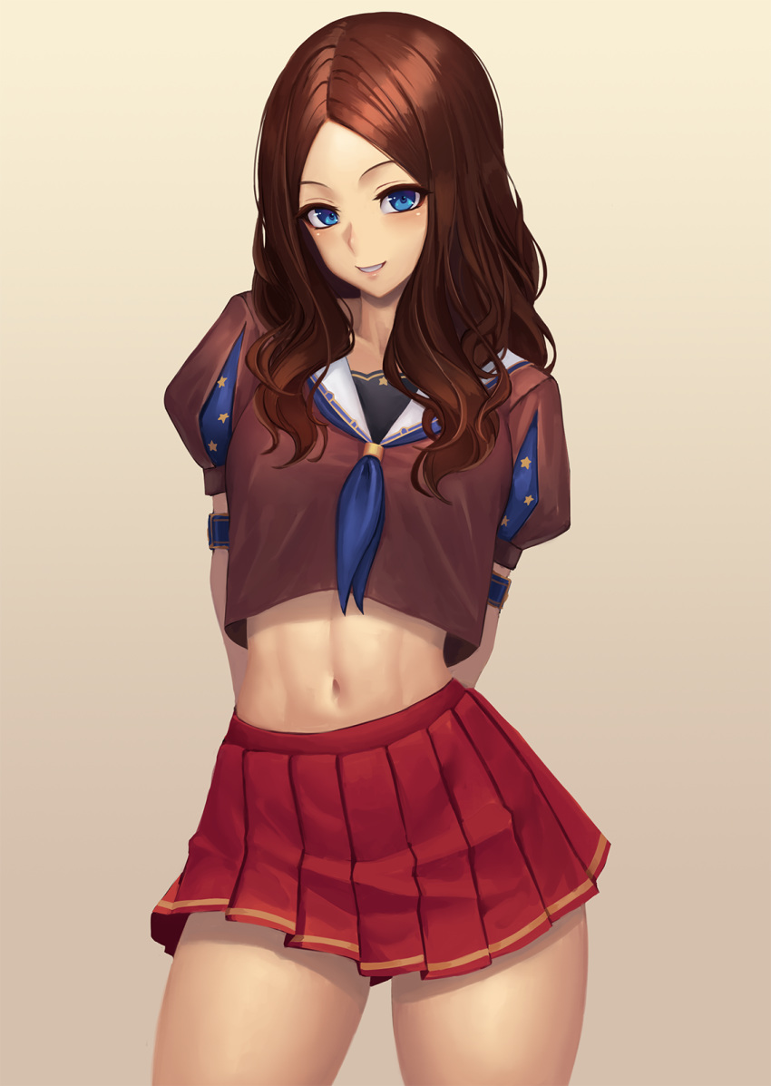 adapted_costume armband arms_behind_back blue_eyes blue_neckerchief brown_background brown_hair brown_shirt commentary contrapposto cosplay crop_top crop_top_overhang fate/grand_order fate/grand_order_arcade fate_(series) female gradient_background grin highres legs_apart leonardo_da_vinci_(active_sailor)_(fate) leonardo_da_vinci_(fate) leonardo_da_vinci_(rider)_(fate) leonardo_da_vinci_(rider)_(fate)_(cosplay) long_hair looking_at_viewer medium_skirt midriff navel neckerchief parted_bangs pleated_skirt puff_and_slash_sleeves puffy_short_sleeves puffy_sleeves ranma_(kamenrideroz) red_skirt school_uniform serafuku shirt short_sleeves sidelocks skirt smile solo standing star_(symbol) stomach wavy_hair