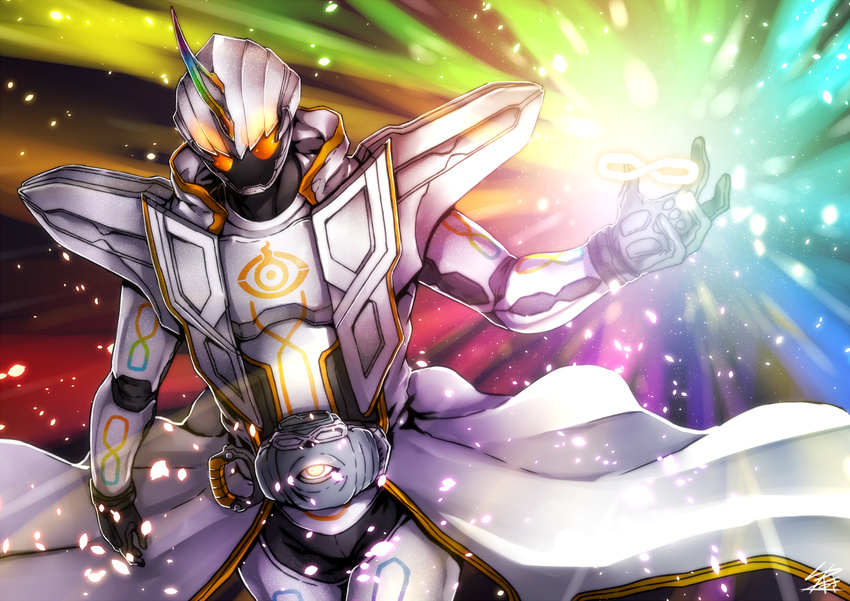 1boy armor bad_id bad_pixiv_id belt full_armor ghost_driver helmet highres hood hoodie horns infinity_symbol kamen_rider kamen_rider_ghost kamen_rider_ghost_(mugen_damashii) kamen_rider_ghost_(series) light light_particles light_rays male_focus orange_eyes shoulder_armor single_horn solo tokusatsu vest yusuki_(fukumen)