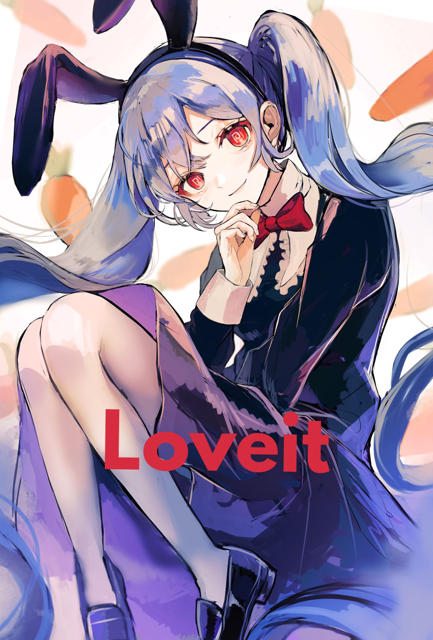 @_@ absurdres animal_ears black_dress black_footwear black_hairband blue_hair bow bowtie carrot closed_mouth commentary dress fake_animal_ears female full_body hairband hatsune_miku highres long_hair long_sleeves looking_at_viewer loveit_(vocaloid) pipi rabbit_ears red_bow red_bowtie red_eyes solo song_name twintails vocaloid white_background