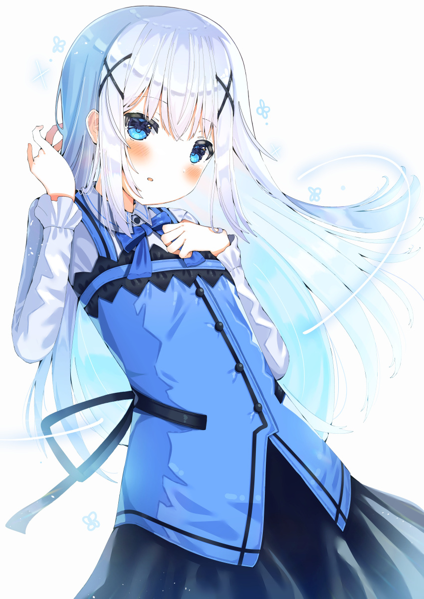 :o absurdres black_skirt blue_eyes blue_hair blue_vest blush collared_shirt cowboy_shot female frilled_sleeves frills gochuumon_wa_usagi_desu_ka? hair_between_eyes hair_ornament hand_on_own_chest hand_up highres kafuu_chino light_blue_hair long_hair long_sleeves looking_at_viewer parted_lips pekoli rabbit_house_uniform shirt simple_background skirt standing vest white_background white_shirt x_hair_ornament