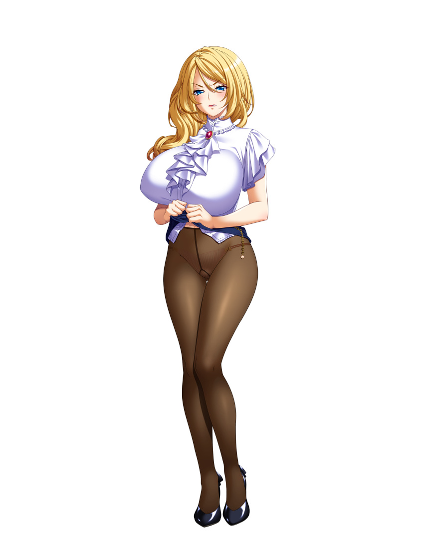 absurdres aikawa_arisa blonde_hair blue_eyes blush breasts brooch clothes_lift female frown full_body gusset highres huge_breasts jewelry lifting_own_clothes long_hair matsubara_miria panties panties_under_pantyhose pantyhose shihai_no_kyoudan skirt skirt_lift solo transparent_background underwear