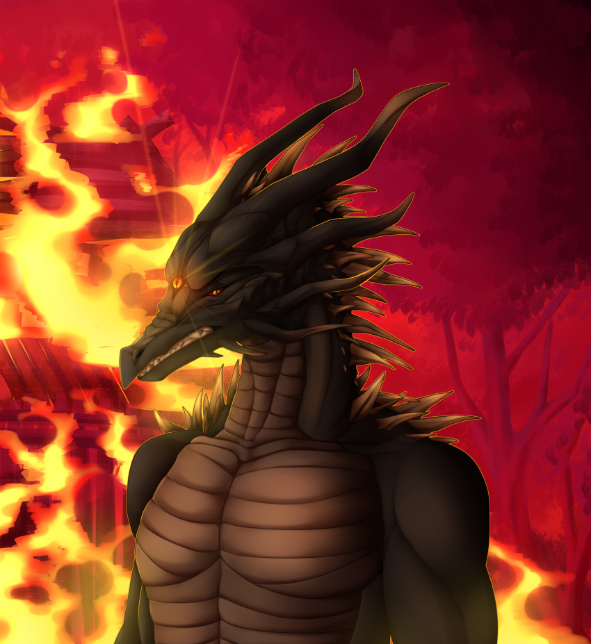 2022 3_eyes absurd_res angry anthro arm_spikes black_body black_dragon_kalameet black_scales burning dark_souls digital_media_(artwork) dragon fire fromsoftware glowing glowing_eyes hair hi_res horn looking_at_viewer magic male multi_eye muscular muscular_male mythological_creature mythological_scalie mythology neck_spikes plant red_eyes scales scalie shoulder_spikes siyeneveries solo spikes spikes_(anatomy) spiky_hair standing tree