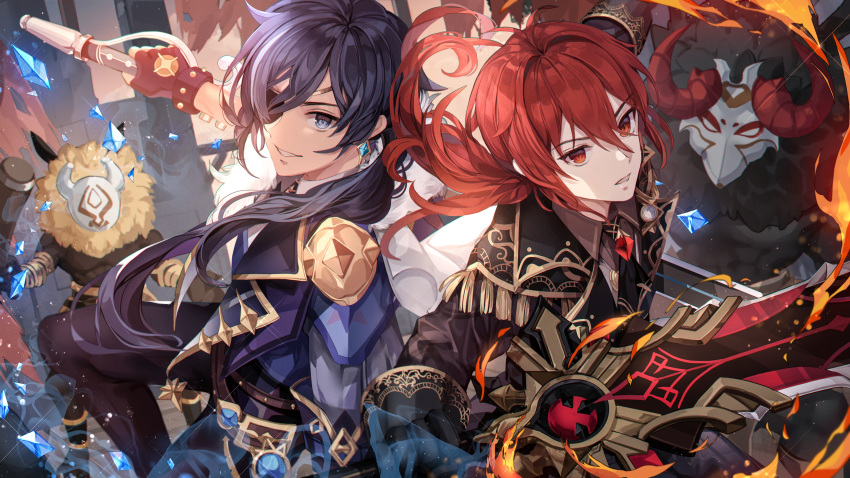 2boys a_maru absurdres bad_id bad_pixiv_id black_gloves black_jacket black_necktie black_pants blue_eyes blue_hair blue_jacket diluc_(genshin_impact) earrings eyepatch fingerless_gloves fire genshin_impact gloves greatsword grey_shirt hair_between_eyes highres hilichurl_(genshin_impact) holding holding_sword holding_weapon jacket jewelry kaeya_(genshin_impact) korean_commentary long_hair long_sleeves looking_at_viewer male_focus multiple_boys necktie one_eye_covered open_mouth pants ponytail red_eyes red_hair reverse_grip shirt smile sword upper_body weapon wolf's_gravestone_(genshin_impact)