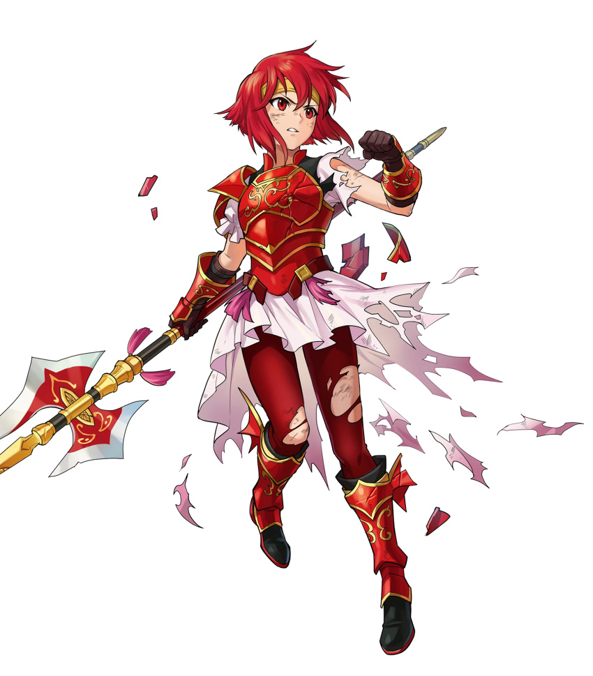 aged_down armor armored_boots armored_dress boots breastplate broken_armor clenched_hand clenched_teeth female fire_emblem fire_emblem:_mystery_of_the_emblem fire_emblem_heroes full_body gauntlets gloves halberd highres holding holding_weapon indesign looking_away minerva_(fire_emblem) non-web_source official_art parted_lips polearm red_footwear red_hair short_hair short_sleeves shoulder_armor shoulder_pads skirt solo teeth torn_clothes transparent_background weapon white_skirt