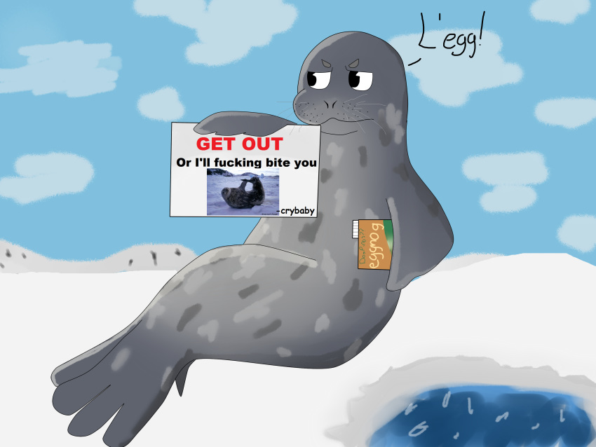 4:3 absurd_res ambiguous_gender black_eyes captioned_seal eggnog english_text grey_body grey_skin hi_res ice mammal marine pinniped seal sign snow text unknown_artist water whiskers