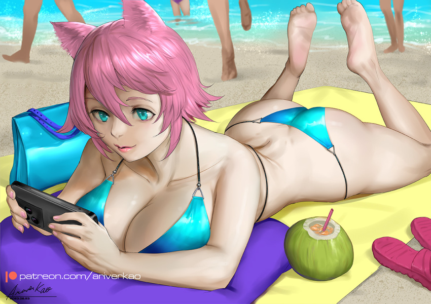 4others animal_ears ariverkao ass barefoot beach bikini blue_bikini blue_eyes breasts cat_ears cellphone dated day feet feet_up female hair_between_eyes large_breasts legs lying multiple_others on_stomach original patreon_logo phone pink_hair sand short_hair signature smartphone soles solo_focus swimsuit the_pose toes water