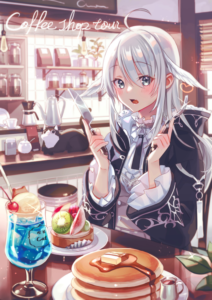 ahoge apple apple_rabbit apple_slice black_cat black_jacket black_neckwear blue_eyes blurry blurry_background blush cafe cake chair cherry coffee_maker collar commentary_request cream_soda creamer_(vessel) cup drink drinking_glass english_text eyes_visible_through_hair feline female food food_art fork frilled_shirt frills fruit glint grey_collar grey_hair hair_between_eyes hair_wings hands_up head_wings highres holding holding_fork holding_knife hood hood_down ice ice_cream ice_cream_float ice_cube indoors jacket jar kettle kiwi_(fruit) kiwi_slice knife long_hair long_sleeves oerba_yun_fang open_clothes open_jacket open_mouth original pancake pancake_stack pastry peach peach_slice plant plate potted_plant restaurant saucer shelf shirt sitting skin_fang solo sparkle stool sugar_bowl suzaku_(zaku6584) table teacup white_shirt wide_sleeves window_blinds wings