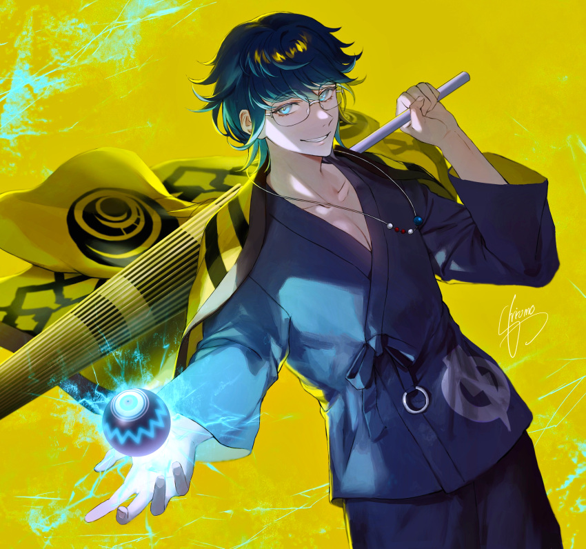 1boy artist_name ball bead_necklace beads blue_eyes blue_hair cape glasses gradient_hair highres japanese_clothes jewelry long_sleeves looking_at_viewer male_focus multicolored_hair necklace shiromo_ooo simple_background smile solo standing tribe_nine ueno_yajirobe yellow_background yellow_cape