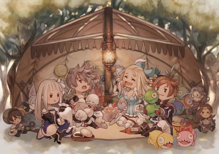 2boys 2girls blonde_hair blue_bow blue_dress bow bravely_default_(series) bravely_second:_end_layer brown_hair cake character_doll character_request closed_mouth dress edea_lee food full_body hairbow holding holding_scissors holding_stuffed_toy irono16 lamp long_hair looking_at_another magnolia_arch multiple_boys multiple_girls open_mouth red_eyes scissors sharp_teeth short_hair sitting smile stuffed_animal stuffed_toy teeth tent tiz_arrior tree white_hair yew_geneolgia