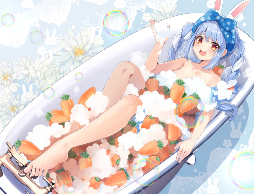 abstract_background animal_ear_fluff animal_ears bath bathing bathtub blue_background blue_hair blush braid breasts brown_eyes bubble carrot chocho_(homelessfox) claw_foot_bathtub collarbone faucet female flower hand_up head_scarf hololive leg_up long_hair looking_at_viewer medium_breasts multicolored_hair open_mouth outstretched_leg plantar_flexion rabbit_ears rabbit_girl reclining sidelocks smile soap_bubbles solo toes twin_braids twintails two-tone_hair usada_pekora very_long_hair virtual_youtuber