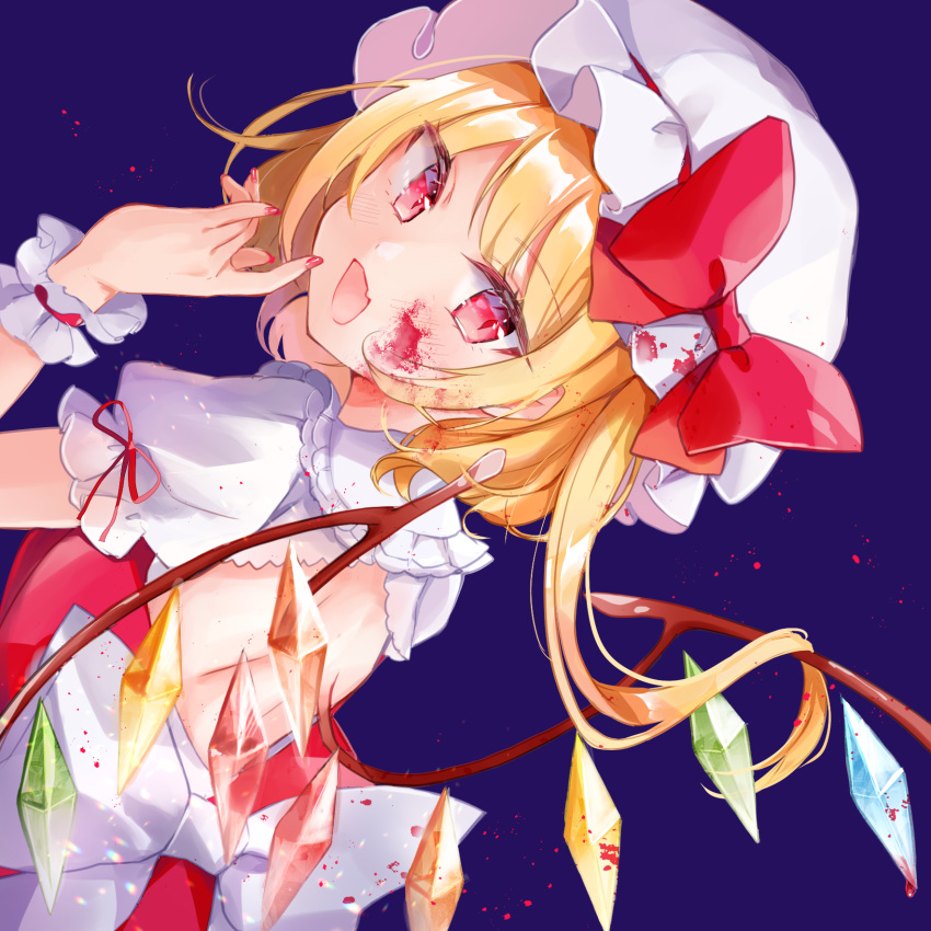 :d backless_outfit blonde_hair blood blood_on_clothes blood_on_face blush bow collared_shirt commentary_request crystal dutch_angle female flandre_scarlet frilled_shirt_collar frills hand_up hat highres long_hair looking_at_viewer looking_back mob_cap moko_(mokochisa) nail_polish oerba_yun_fang one_side_up open_mouth puffy_short_sleeves puffy_sleeves purple_background red_bow red_eyes red_nails red_vest shirt short_sleeves simple_background smile solo touhou vest white_bow white_hat white_shirt wings wrist_cuffs