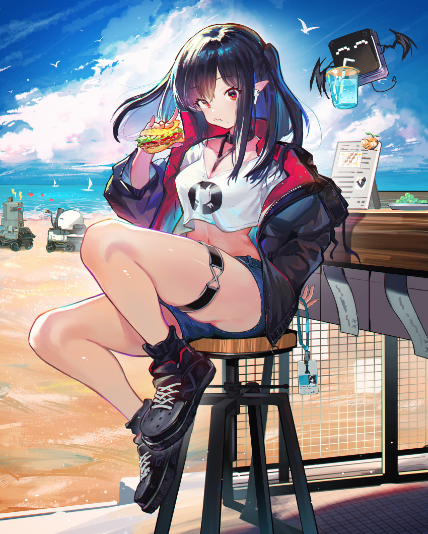 ^_^ absurdres airpods ankle_boots arknights bar_stool bare_legs beach black_footwear black_hair black_jacket blue_hair blue_shorts boots breasts castle-3_(arknights) chinese_commentary cleavage closed_eyes closure_(arknights) cloud cloudy_sky colored_inner_hair commentary_request commission counter creature crop_top crop_top_overhang day denim denim_shorts earbuds earphones eating female food food_on_face full_body gaanc_23_(tomosuge) hand_on_own_hip heart highres holding holding_food id_card jacket lambda_(arknights) lancet-2_(arknights) long_hair long_sleeves looking_at_viewer medium_breasts mixed-language_commentary multicolored_hair navel ocean open_clothes open_jacket outdoors pointy_ears red_eyes sandwich shirt short_shorts shorts sidelocks sitting sky stomach stool thigh_strap two-tone_hair unzipped white_shirt wireless_earphones