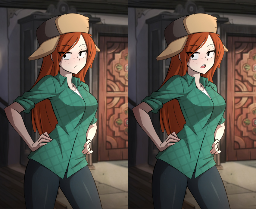 absurdres animification breasts english_commentary female flannel freckles fur_hat gravity_falls green_eyes hands_on_own_hips hat highres indoors long_hair looking_at_viewer medium_breasts open_mouth patrickdja red_hair shirt sleeves_rolled_up standing ushanka wendy_corduroy