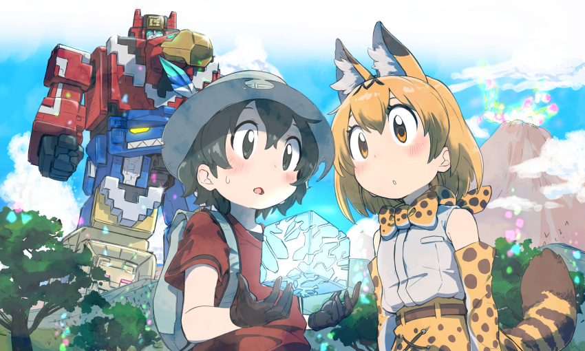 2girls :o absurdres animal animal_ear_fluff animal_ears arms_at_sides backpack bag bare_shoulders belt bird black_eyes black_gloves black_hair blonde_hair blue_eyes blue_sky blush bow bowtie brown_belt brown_gloves clenched_hand cloud commentary crossover cube day doubutsu_sentai_zyuohger elbow_gloves floating flying forest glint gloves glowing grey_shirt hair_between_eyes hat hat_feather helmet high-waist_skirt highres kaban_(kemono_friends) kemono_friends looking_down mecha mountain multicolored_clothes multicolored_gloves multicolored_hair multiple_girls nature ontama open_mouth orange_bow orange_bowtie orange_eyes outdoors pith_helmet print_bow print_bowtie red_shirt robot sandstar serval_(kemono_friends) serval_print shirt short_hair short_sleeves shorts skirt sky sleeveless sleeveless_shirt smoke streaked_hair super_sentai sweatdrop tail traditional_bowtie tree two-tone_bowtie volcano wavy_hair white_bow white_bowtie zyuo_cube zyuohking