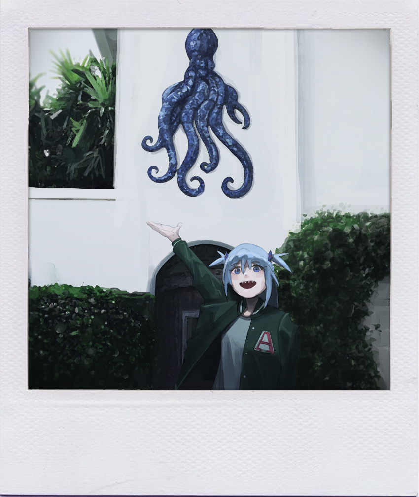 absurdres alternate_costume blue_eyes blue_hair blush bush commentary faux_photograph female gawr_gura green_jacket highres hololive hololive_english jacket letterman_jacket looking_at_viewer octopus open_hand open_mouth polaroid sharp_teeth solo teeth tree vincent_wu virtual_youtuber