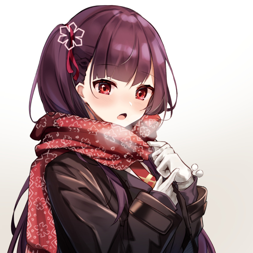 aratake black_coat blush coat female girls'_frontline gloves hair_ornament hair_ribbon long_hair looking_at_viewer necktie official_alternate_costume one_side_up open_clothes open_coat open_mouth print_scarf purple_hair red_eyes red_necktie red_ribbon red_scarf ribbon scarf snowflake_hair_ornament snowflake_print solo wa2000_(date_in_the_snow)_(girls'_frontline) wa2000_(girls'_frontline) white_gloves