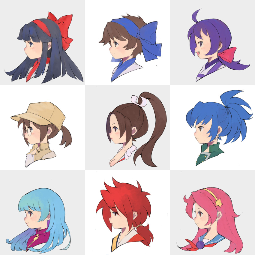 1boy 6+girls ahoge asamiya_athena bakumatsu_rouman black_hair blue_hair blue_ribbon blue_sailor_collar bow breasts brown_hair cleavage commentary company_connection crossover english_commentary fatal_fury fio_germi glasses hair_ribbon hairband hat highres hisame_shizumaru ichijou_akari kula_diamond leona_heidern long_hair metal_slug multiple_crossover multiple_girls nakoruru neckerchief open_mouth pink_hair ponytail portrait profile purple_hair red_bow red_hair red_neckerchief red_ribbon ribbon rimururu sailor_collar samurai_spirits shiranui_mai short_hair smile snk the_king_of_fighters the_king_of_fighters_xiii white_ribbon yui35 zipper zipper_pull_tab