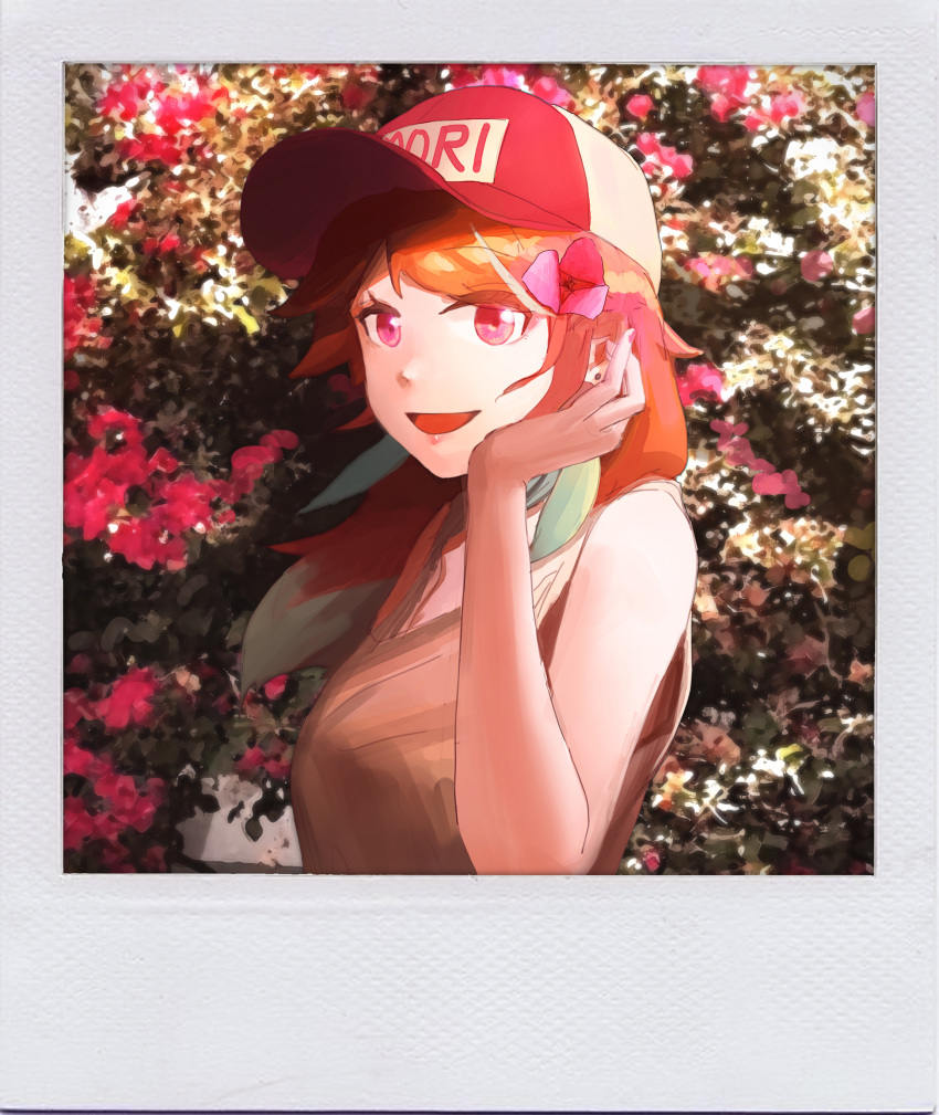 absurdres alternate_costume baseball_cap border breasts bush earrings faux_photograph feather_earrings feathers female flower gradient_hair green_hair hat highres hololive hololive_english jewelry looking_at_viewer medium_breasts multicolored_hair open_mouth orange_hair pink_eyes polaroid shirt sleeveless sleeveless_shirt solo takanashi_kiara vincent_wu virtual_youtuber white_border