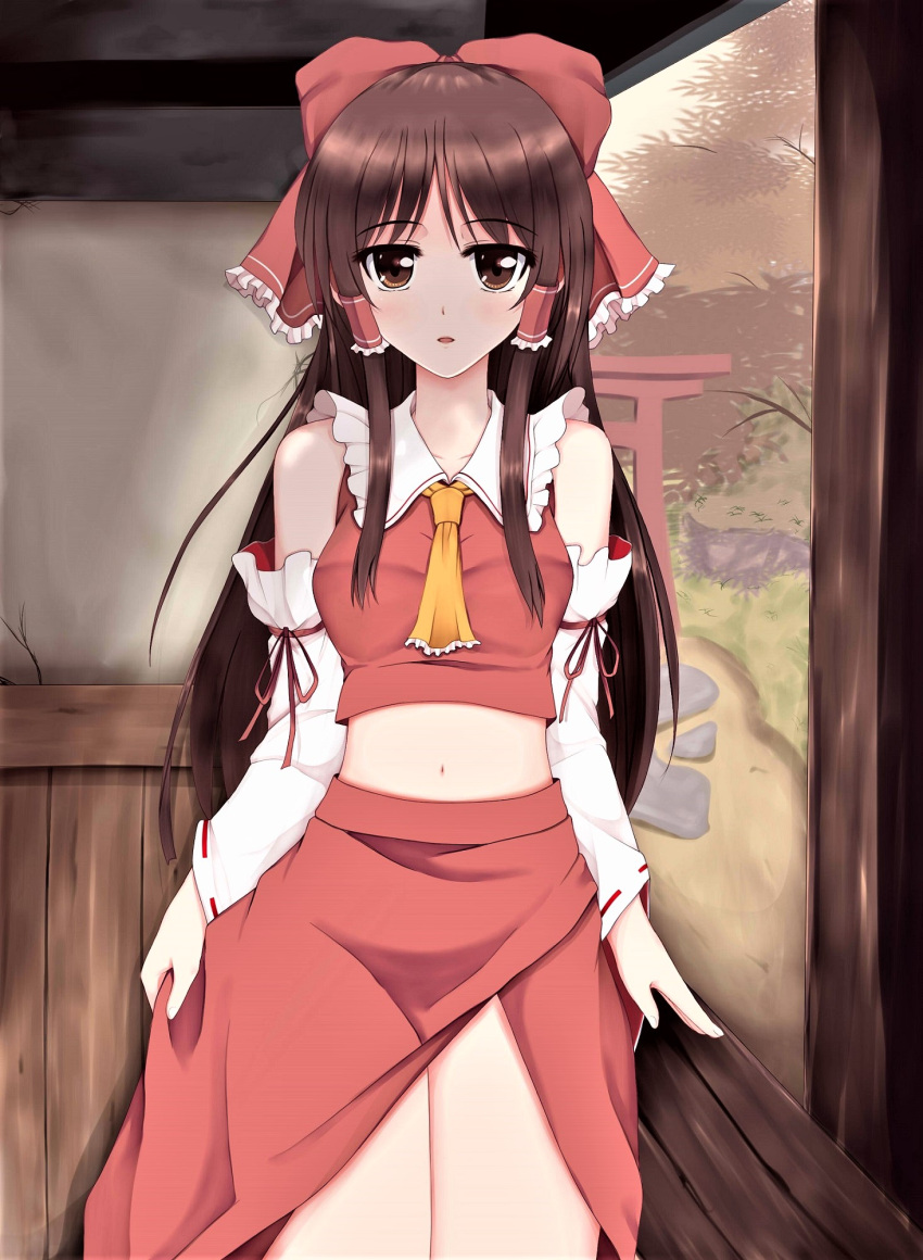 ascot bare_shoulders bow brown_eyes brown_hair cowboy_shot crop_top detached_sleeves female hair_tubes hairbow hakurei_reimu highres long_hair long_sleeves looking_at_viewer midriff navel red_bow red_skirt revision ribbon-trimmed_sleeves ribbon_trim shirt side_slit skirt skirt_hold skirt_set solo stomach torii touhou veranda very_long_hair wendell wide_sleeves