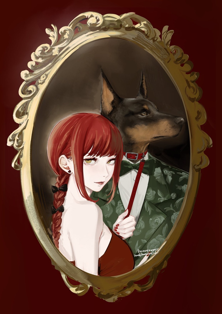 black_bow bow braid brown_eyes canine chainsaw_man collar dobermann dress earrings female hairbow highres holding holding_leash jewelry kamo_(kamonegioisi) leash lips long_hair looking_at_viewer makima_(chainsaw_man) red_dress red_hair red_nails ringed_eyes sidelocks single_braid solo twitter_username upper_body