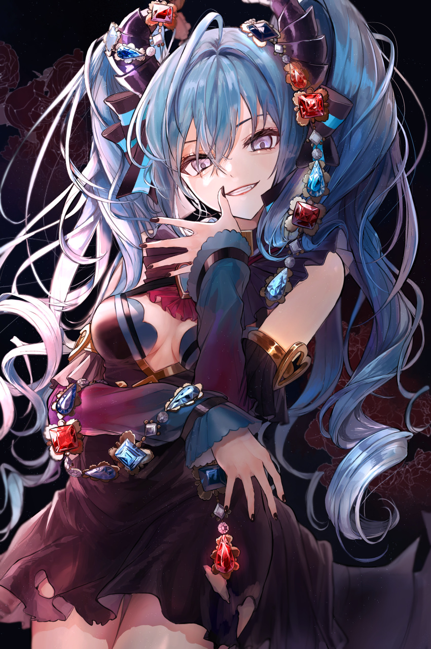 absurdres amulet bare_shoulders black_background black_dress black_nails blue_hair breasts cleavage commentary cowboy_shot detached_sleeves dress english_commentary female gem hand_up hatsune_miku hatsune_miku_(noodle_stopper) highres horns long_hair looking_at_viewer medium_breasts nail_polish parted_lips pipi purple_eyes short_dress simple_background smile solo strapless strapless_dress twintails vocaloid