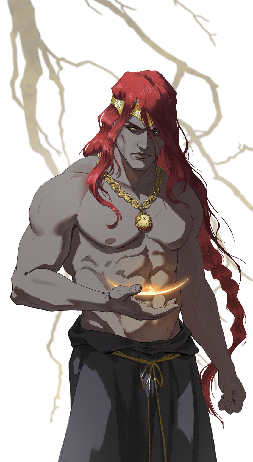 1boy abs absurdres aleksandra_skiba arm_up black_skirt braid clenched_hand colored_skin crown elden_ring gold_crown gold_necklace grey_skin highres holding jewelry looking_down looking_to_the_side male_focus muscular muscular_male necklace radagon_of_the_golden_order red_hair scowl single_braid skirt topless_male wavy_hair yellow_eyes