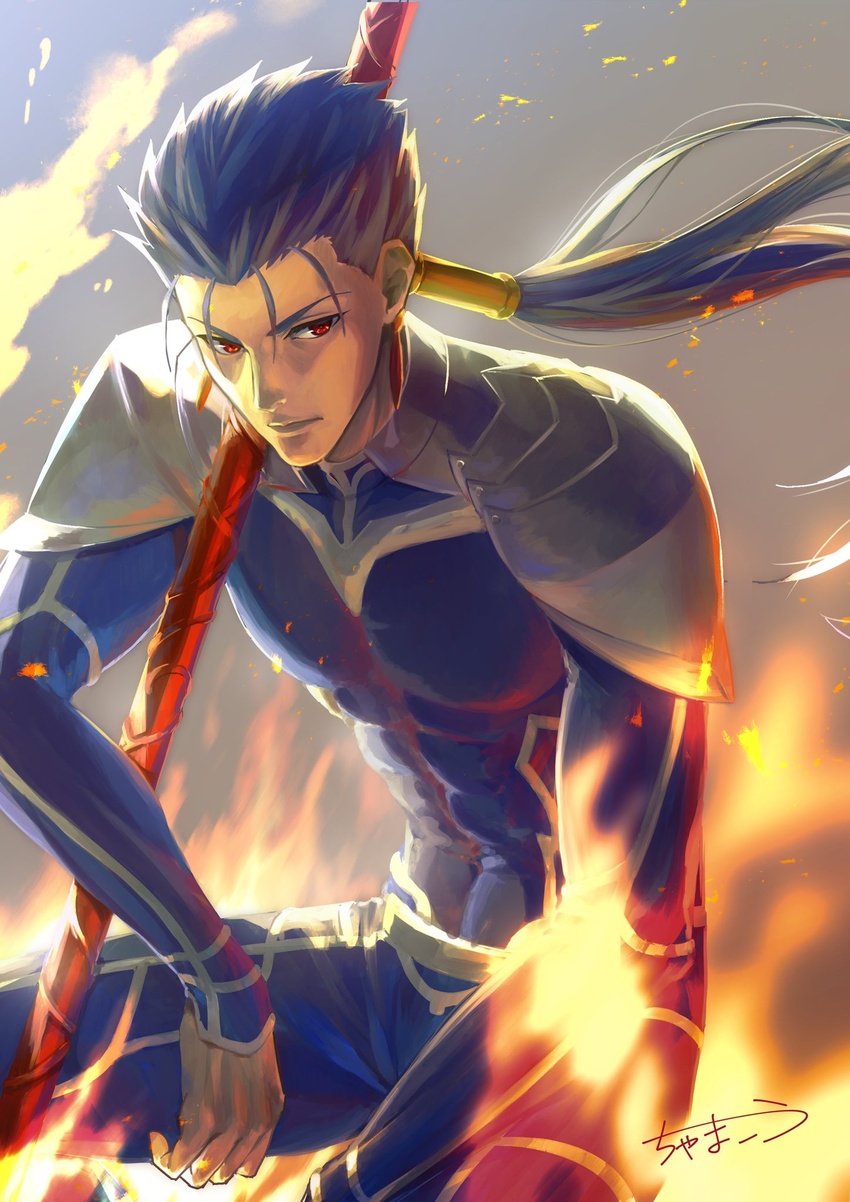 1boy abs armor beads blue_hair bodysuit chama_kou closed_mouth commentary_request cu_chulainn_(fate) cu_chulainn_(fate/stay_night) earrings fate/stay_night fate_(series) fire floating_hair gae_bolg_(fate) hair_beads hair_ornament highres jewelry long_hair looking_to_the_side male_focus muscular muscular_male pauldrons polearm ponytail red_eyes shoulder_armor signature skin_tight solo spear spiked_hair weapon