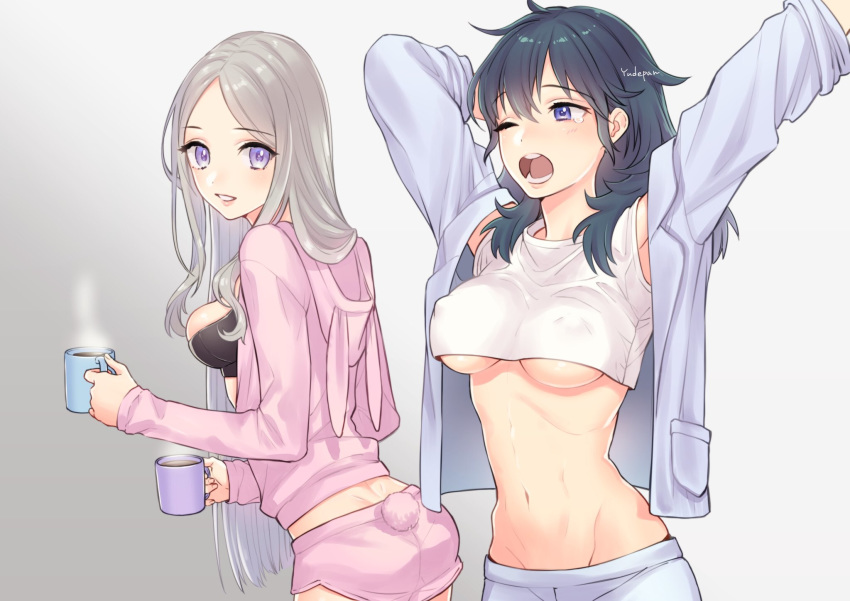 2girls :o alternate_costume artist_name blue_eyes blue_hair bra breasts breasts_apart byleth_(female)_(fire_emblem) byleth_(fire_emblem) commentary covered_nipples crop_top crop_top_overhang cup dimples_of_venus edelgard_von_hresvelg fire_emblem fire_emblem:_three_houses from_side gradient_background grin highres holding holding_cup long_hair long_sleeves looking_back loungewear midriff mug multiple_girls navel no_bra one_eye_closed open_mouth parted_lips purple_eyes simple_background skindentation smile stomach stretching underboob underwear white_hair yawning yudepan_(yuri_no_sugata) yuri