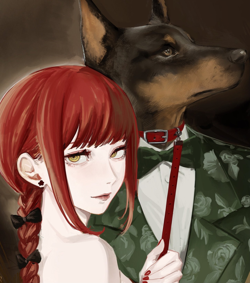 black_bow bow braid brown_eyes canine chainsaw_man collar dobermann dress earrings female hairbow highres holding holding_leash jewelry kamo_(kamonegioisi) leash lips long_hair looking_at_viewer makima_(chainsaw_man) red_dress red_hair red_nails ringed_eyes sidelocks single_braid solo upper_body