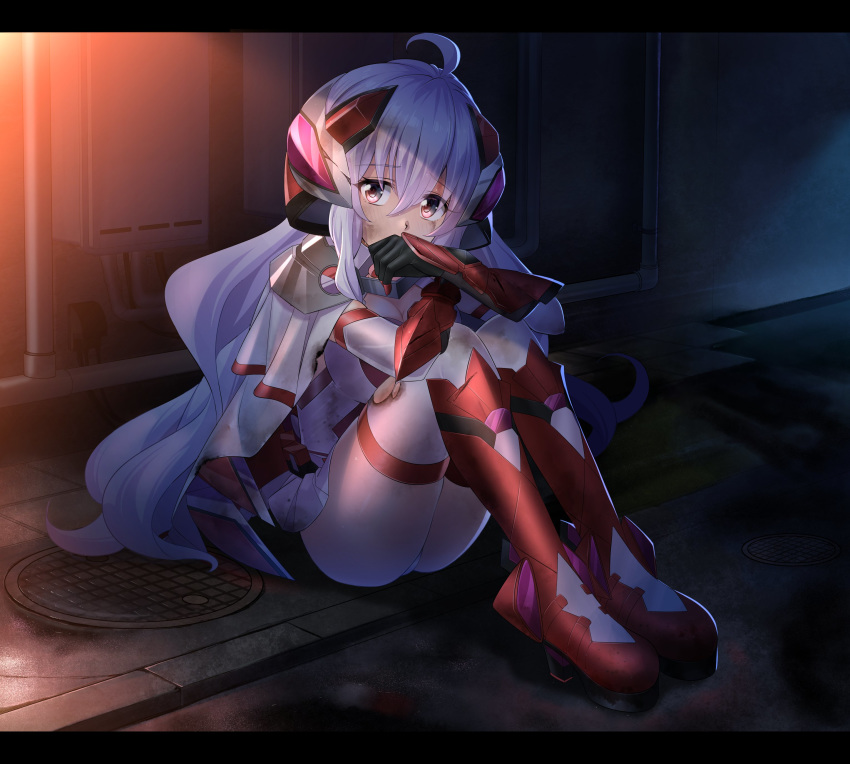 absurdres ahoge black_gloves bodysuit boots elbow_gloves female full_body gloves grey_hair hair_between_eyes highres knee_boots knees_to_chest letterboxed long_hair looking_at_viewer manhole_cover nyanmaru panties pantyshot purple_eyes red_footwear senki_zesshou_symphogear senki_zesshou_symphogear_xd_unlimited sitting solo thighhighs thighs underwear very_long_hair yukine_chris_(another)