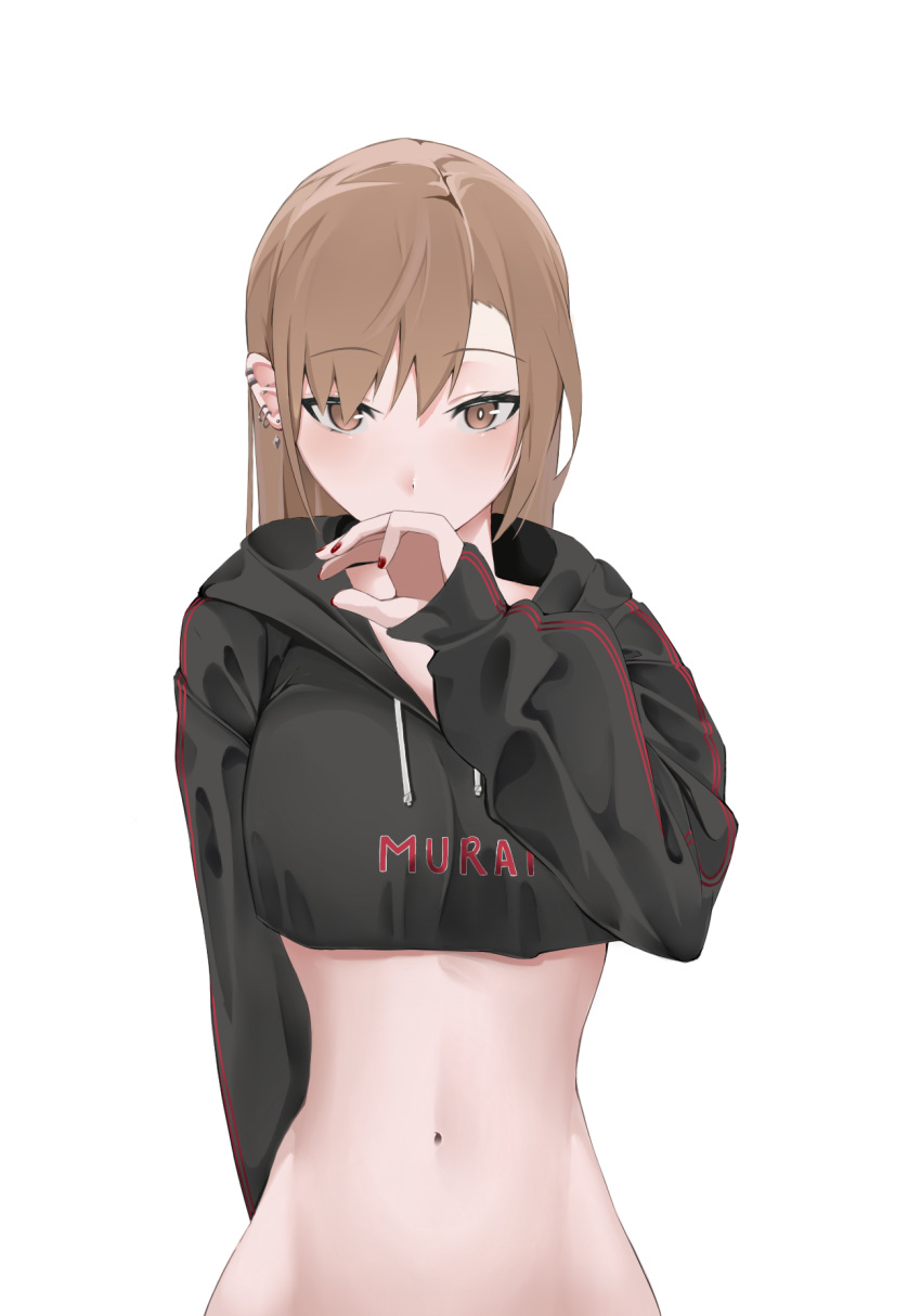 akh@98 black_hoodie breasts brown_eyes brown_hair clothes_writing covering_own_mouth crop_top ear_piercing earrings female gyaru highres hood hoodie jewelry large_breasts long_sleeves nail_polish navel original out-of-frame_censoring piercing red_nails stomach