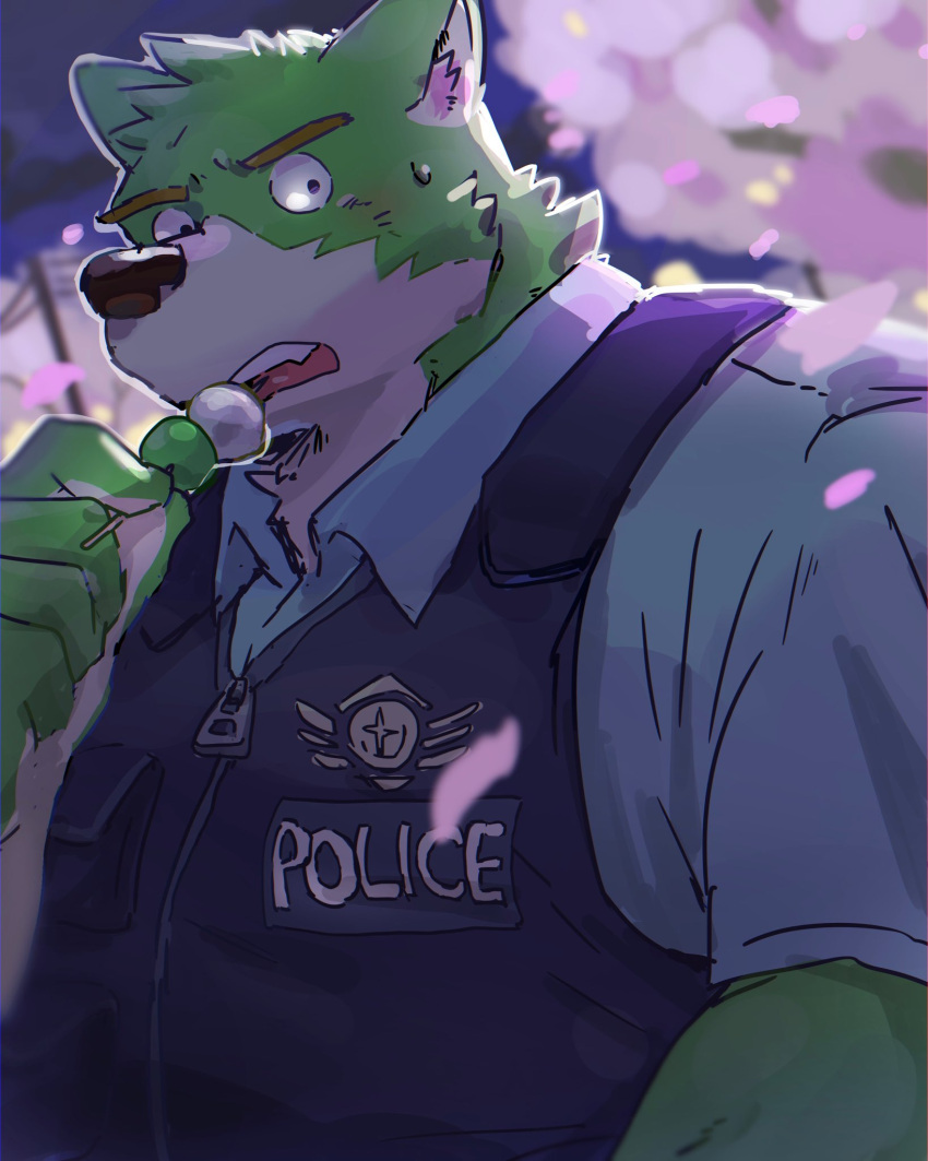 2022 anthro black_nose bodily_fluids canid canine canis cherry_blossom clothing detailed_background domestic_dog eating flower food green_body hi_res humanoid_hands kemono male mammal nekodon_san outside plant police prunus_(flower) shirt slightly_chubby solo sweat topwear tree