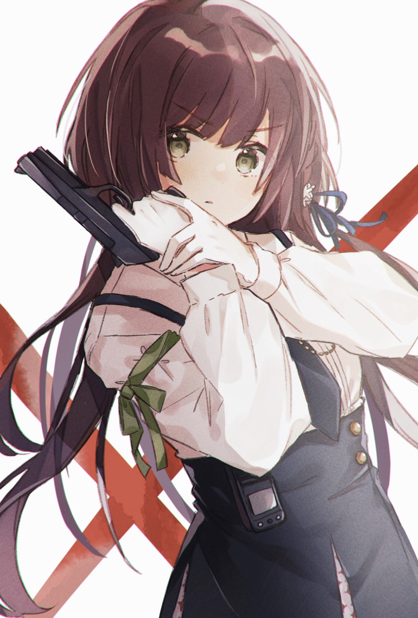 black_necktie black_skirt blue_ribbon blush brown_eyes brown_hair closed_mouth collar_x_malice commentary_request female gloves grey_background gun hair_ribbon handgun hands_up high-waist_skirt highres holding holding_gun holding_weapon hoshino_ichika_(collar_x_malice) long_hair long_sleeves looking_at_viewer necktie puffy_long_sleeves puffy_sleeves red_background ribbon shano-pirika shirt skirt solo two-tone_background v-shaped_eyebrows very_long_hair weapon weapon_request white_gloves white_shirt