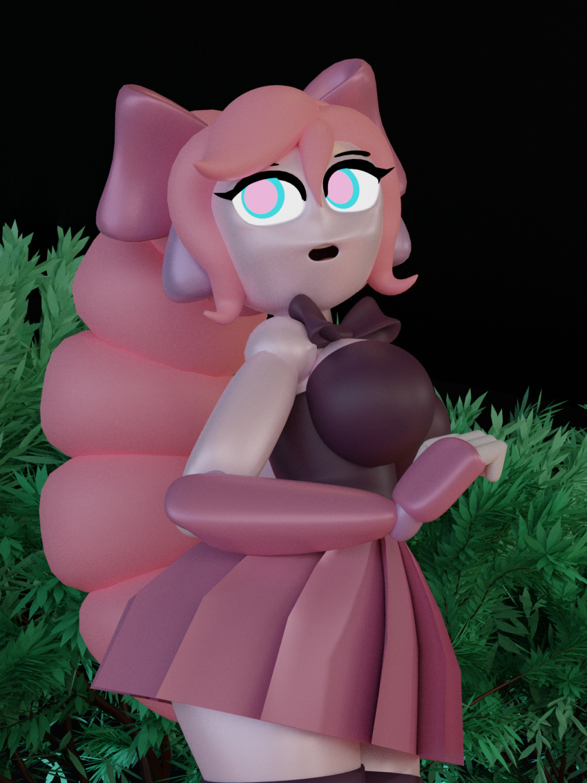 3:4 3d_(artwork) big_breasts blender_(artwork) bottomwear bow_ribbon breasts clothing digital_media_(artwork) female guak hair hi_res humanoid leaf long_hair looking_back machine metallic_body pink_hair plant robot robot_humanoid shrub skirt socket_(zedrin) solo surprise