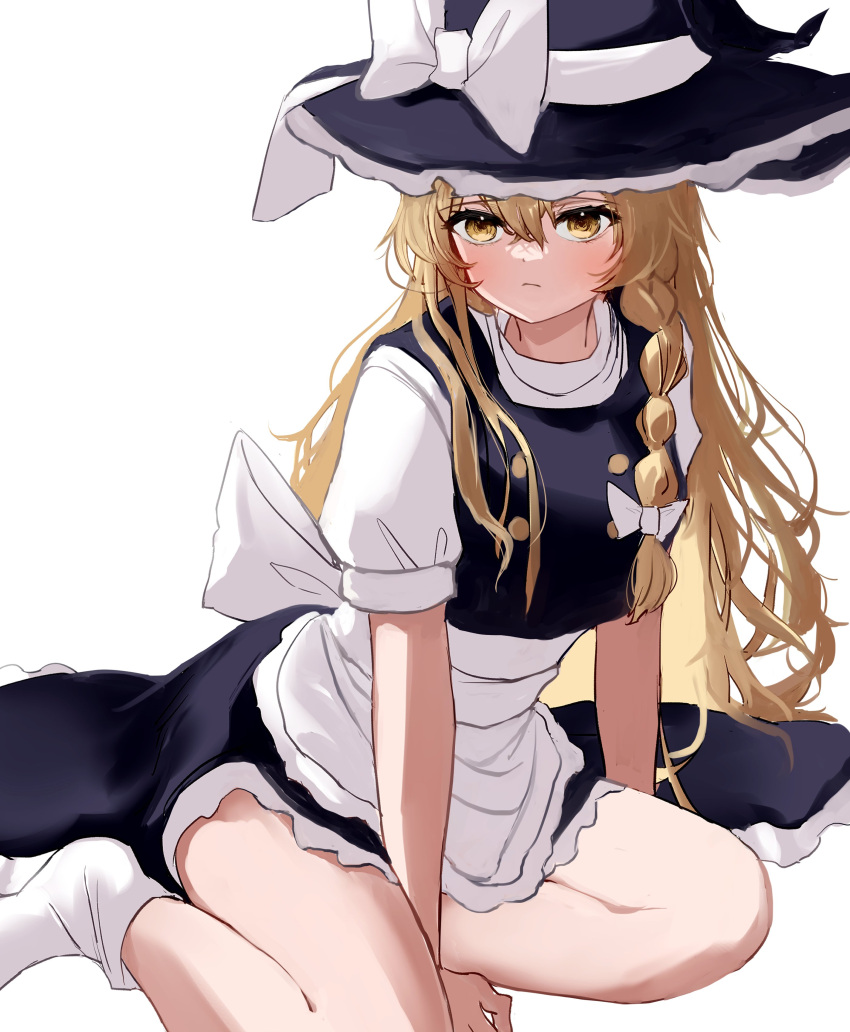 absurdres apron black_hat black_skirt black_vest blonde_hair bow braid closed_mouth commentary_request female full_body hands_on_ground hat hat_bow highres kirisame_marisa long_hair looking_at_viewer mikan_(manmarumikan) puffy_short_sleeves puffy_sleeves shirt short_sleeves simple_background single_braid sitting skirt socks solo thighs touhou very_long_hair vest waist_apron white_apron white_background white_bow white_shirt white_socks witch_hat yellow_eyes yokozuwari