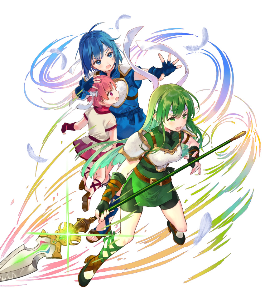 3girls aged_down armor belt blue_dress blue_eyes blue_gloves blue_hair breastplate catria_(fire_emblem) dress est_(fire_emblem) feathers fingerless_gloves fire_emblem fire_emblem:_mystery_of_the_emblem fire_emblem_heroes full_body gloves green_dress green_eyes green_gloves green_hair hanekoto headband highres holding holding_weapon long_hair multiple_girls non-web_source official_art open_mouth palla_(fire_emblem) pegasus_knight_uniform_(fire_emblem) pink_hair polearm sandals short_dress short_hair short_sleeves shorts shoulder_armor shoulder_pads siblings sisters spear toeless_footwear toes transparent_background weapon