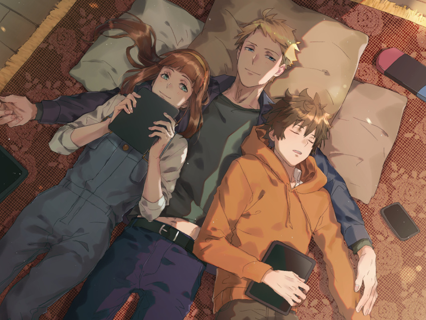 2boys aged_down belt blonde_hair brown_hair closed_eyes closed_mouth female green_eyes hairband handheld_game_console highres holding holding_tablet_pc kei_mikhail_ignatov kome_kako long_hair lying lying_on_person maiko_maya_stronskaya multiple_boys nintendo_switch open_mouth pillow psycho-pass shindou_arata short_hair sleeping sleeping_on_person smile tablet_pc