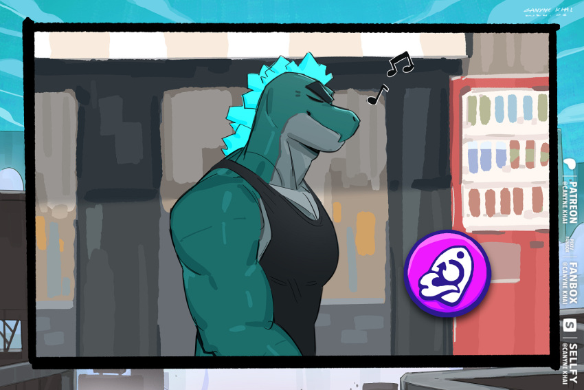 3:2 anthro brawl_stars buzz_(brawl_stars) buzzilla_(brawl_stars) canyne_khai clothed clothing countershade_face countershade_neck countershade_torso countershading eyebrows green_body male muscular muscular_anthro muscular_male musical_note scalie solo supercell_(company)