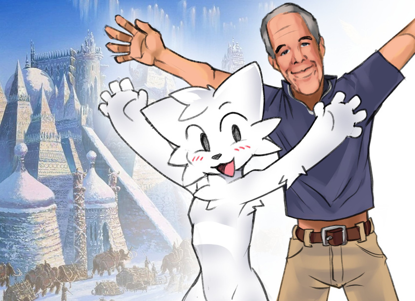 2024 anthro arms_above_head blush blush_lines boy_kisser_(meme) chest_tuft clothed clothing digital_media_(artwork) domestic_cat duo fanteliscio felid feline felis hair hi_res human hyperborea jeffrey_epstein mammal meme outside short_hair standing tuft what where_is_your_god_now