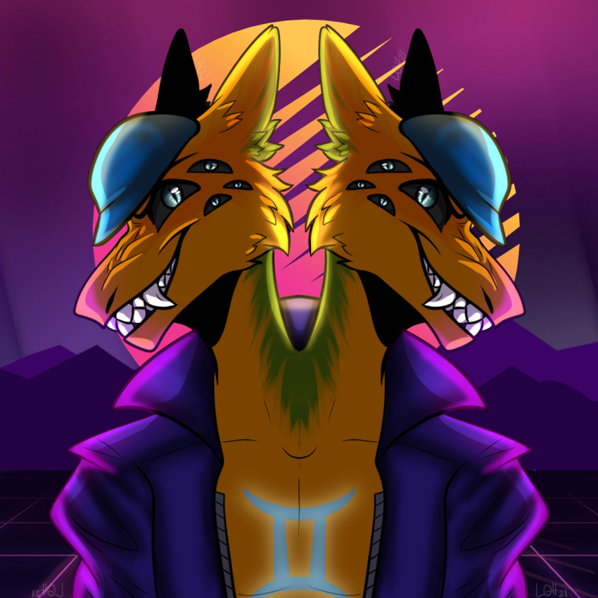 1:1 anthro clothing duo gemini_the_sergal hat headgear headwear hi_res jacket looking_at_viewer male multi_eye multi_head multicolored_body muscular teeth teeth_showing topwear