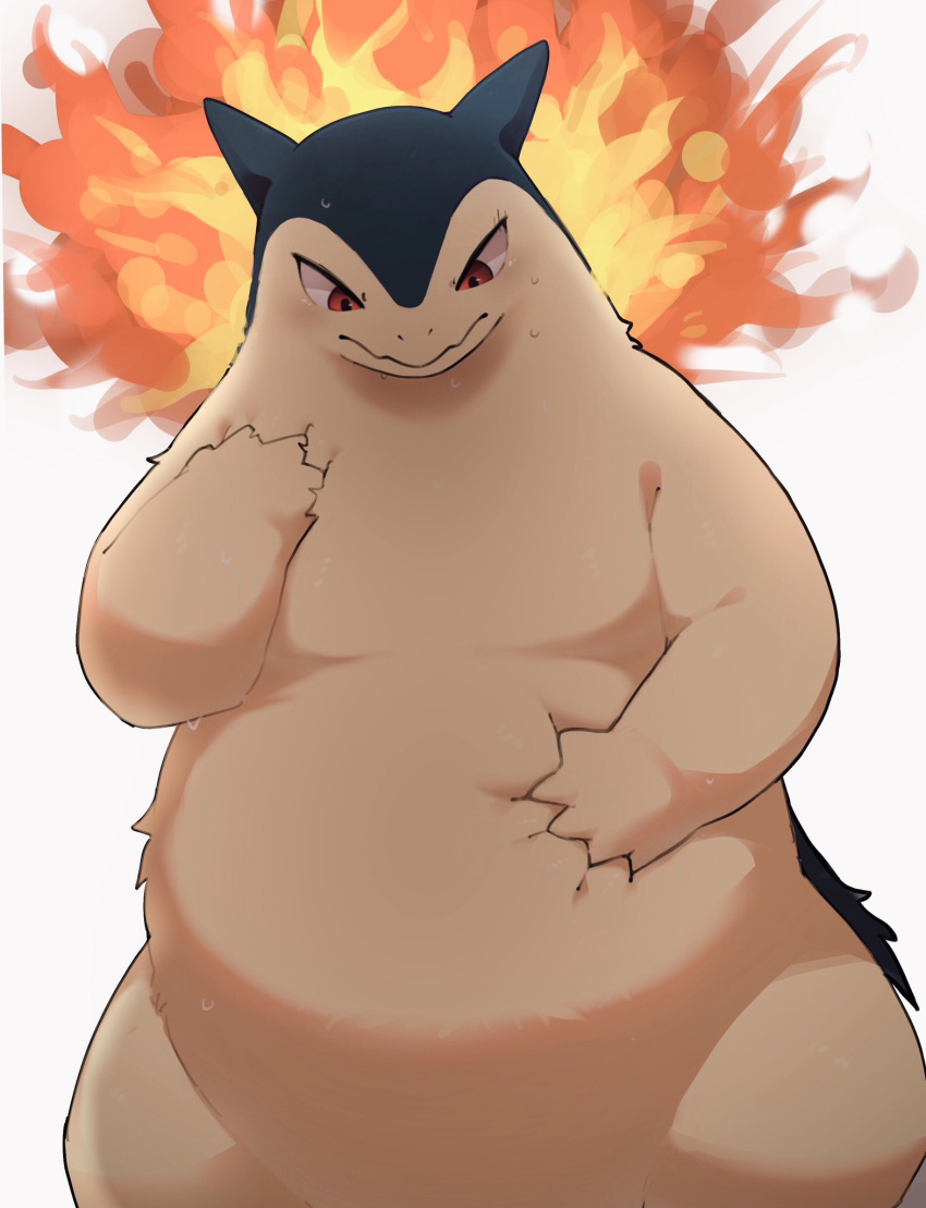 5_fingers anthro belly belly_pat biped black_body black_fur bodily_fluids digital_media_(artwork) dorobo_39 fingers fire flaming_hair flaming_mane fur generation_2_pokemon hand_on_belly hi_res looking_at_belly looking_at_own_belly looking_at_self male nintendo overweight overweight_anthro overweight_male pokemon pokemon_(species) portrait pseudo_hair pseudo_mane red_eyes semi-anthro simple_background solo standing sweat tan_body tan_fur three-quarter_portrait typhlosion weight_conscious white_background